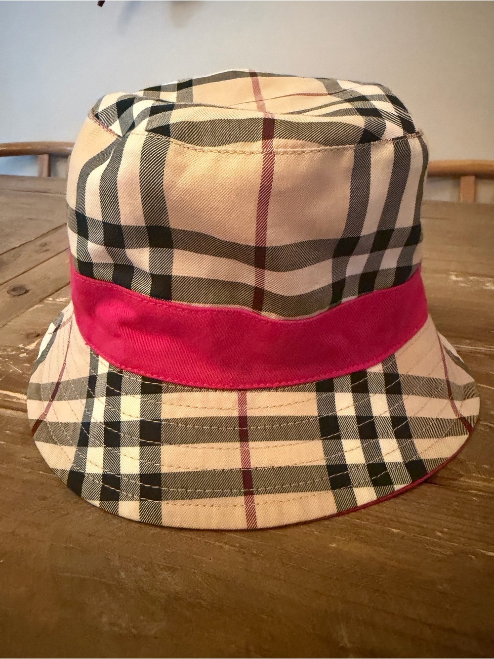 Burberry Beige Plaid Reversable Bucket Hat with Pink Band